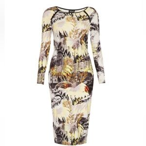 Topshop Women’s Bodycon Dress Size S Palm City Print Long Sleeve Midi